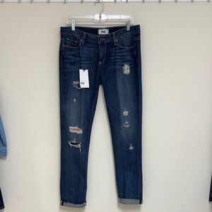 PAIGE Boyfriend Jeans in Dark Indigo with Distressing